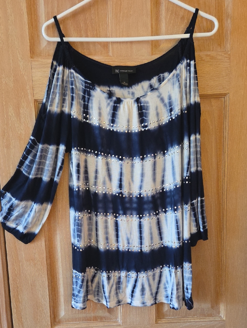 INC International Concepts Navy & White Tie-Dye Cold-Shoulder Top